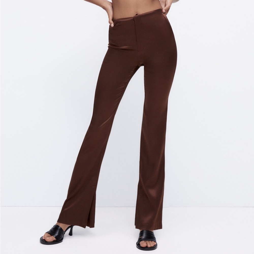 Zara Full Length Chocolate Brown High Waisted Satin Effect Pants Sz Medium NEW - Picture 1 of 7